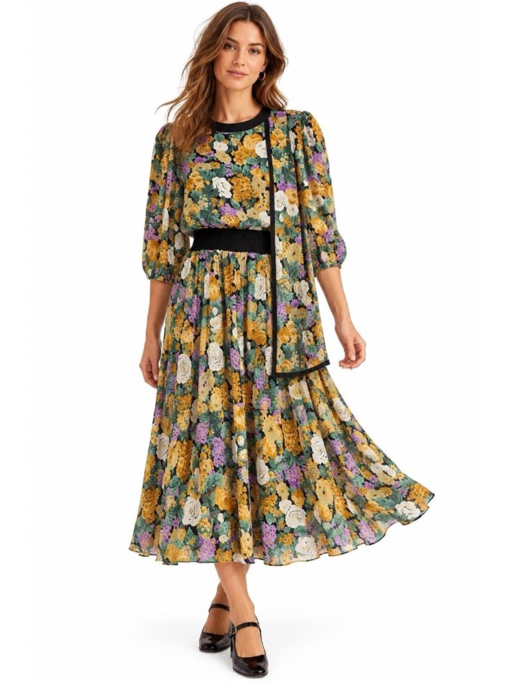 vintage 80s DIANE FREIS floral midi dress L XL puff sleeve scarf draped boho